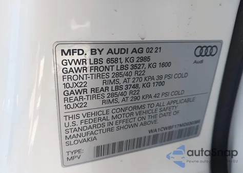 2021 Audi Sq8 Prestige Tfsi Quattro Tiptronic z USA, uszkodzony, nr VIN WA1CWBF17MD030385